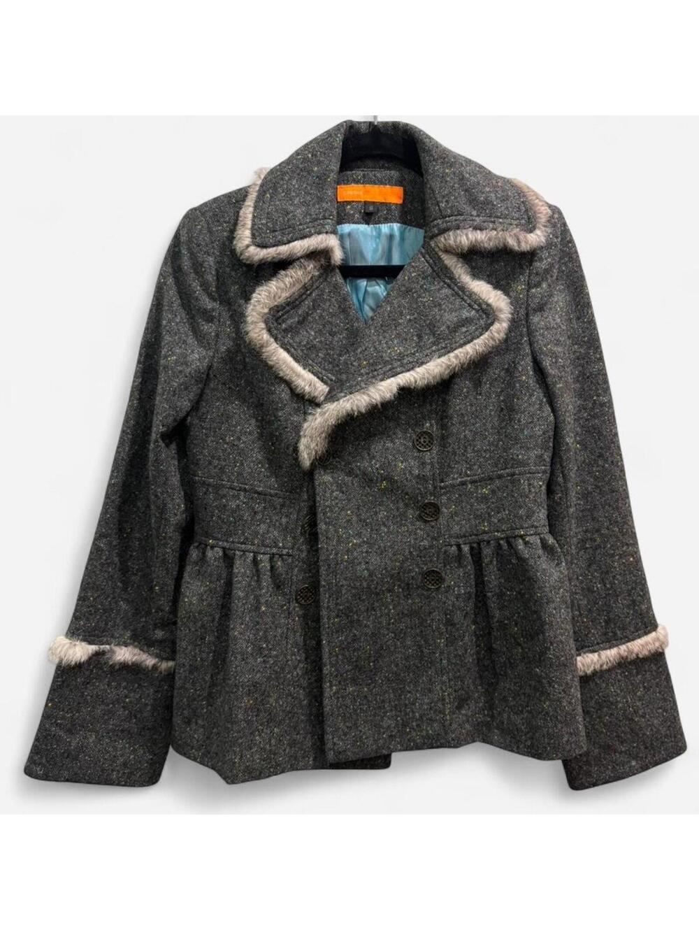 Cynthia Steffe - Wool Tweed Peplum Coat with Rabbit Fur Trim. - Picture 7 of 7